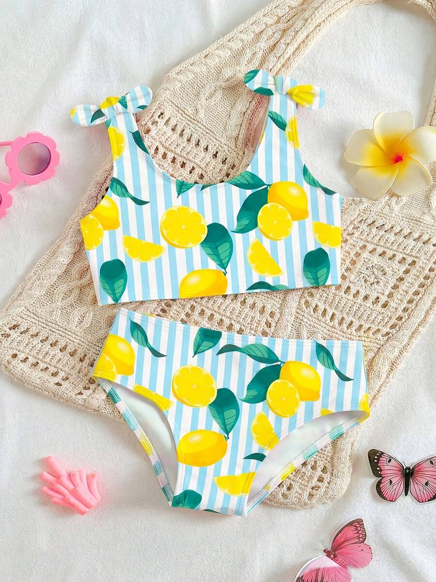 Young Girl Striped Lemon Print Bikini Top And Triangle Bottoms Casual Holiday Swimsuit Set - Multicolor - View 1
