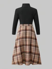 SHEIN 少女纯色长袖T恤和格子裙套装 - 黑色 - 查看 2
