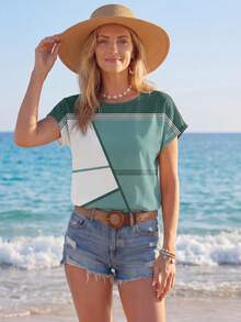 Sylviya Casual Minimalist Geometric Splice Pattern Loose Short Sleeve Women's Round Neck Blouse, Suitable For Summer Suitable For Going Out Chic Blouses For Women,Casual - Multicolor - View 1