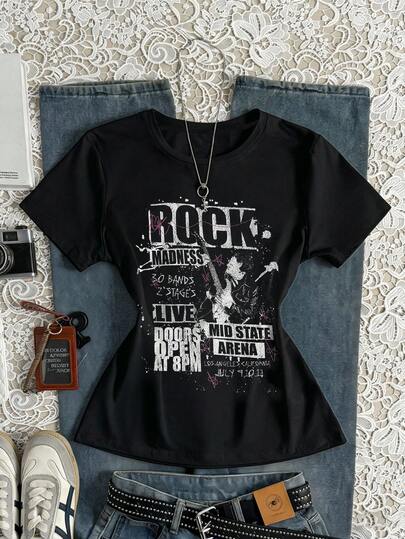 Glimmora 时尚休闲“摇滚狂热”音乐节图案印花圆领女式T恤