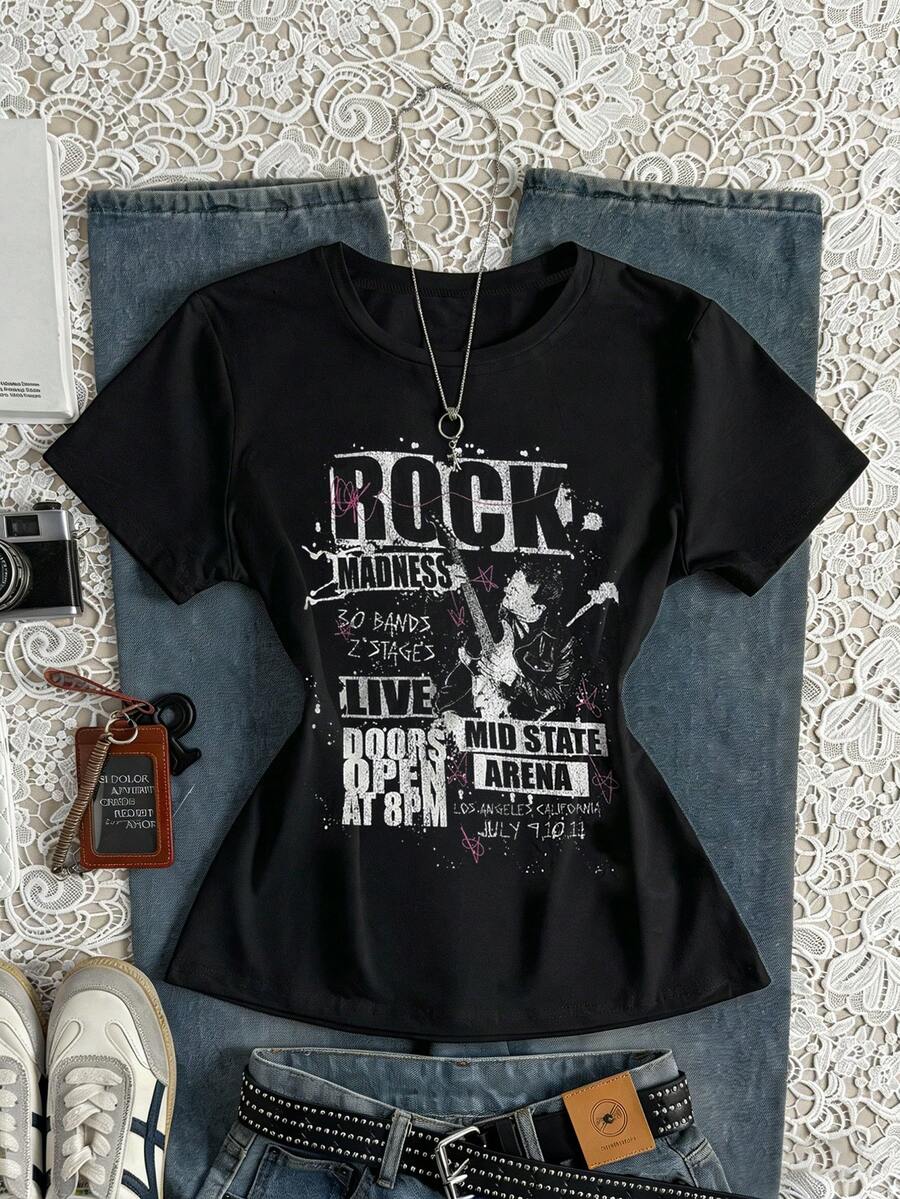 Glimmora 时尚休闲“摇滚狂热”音乐节图案印花圆领女式T恤 - 黑色 - 查看 1