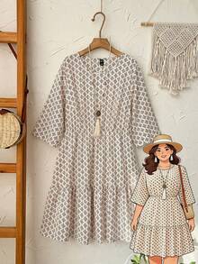 Rusticease Plus Size Casual Allover Print Cinched Waist Dress For Women,Beige Autumn Boho Vacation Holiday Country Style Spring Summer Clothes & Outfits - Multicolor - View 4