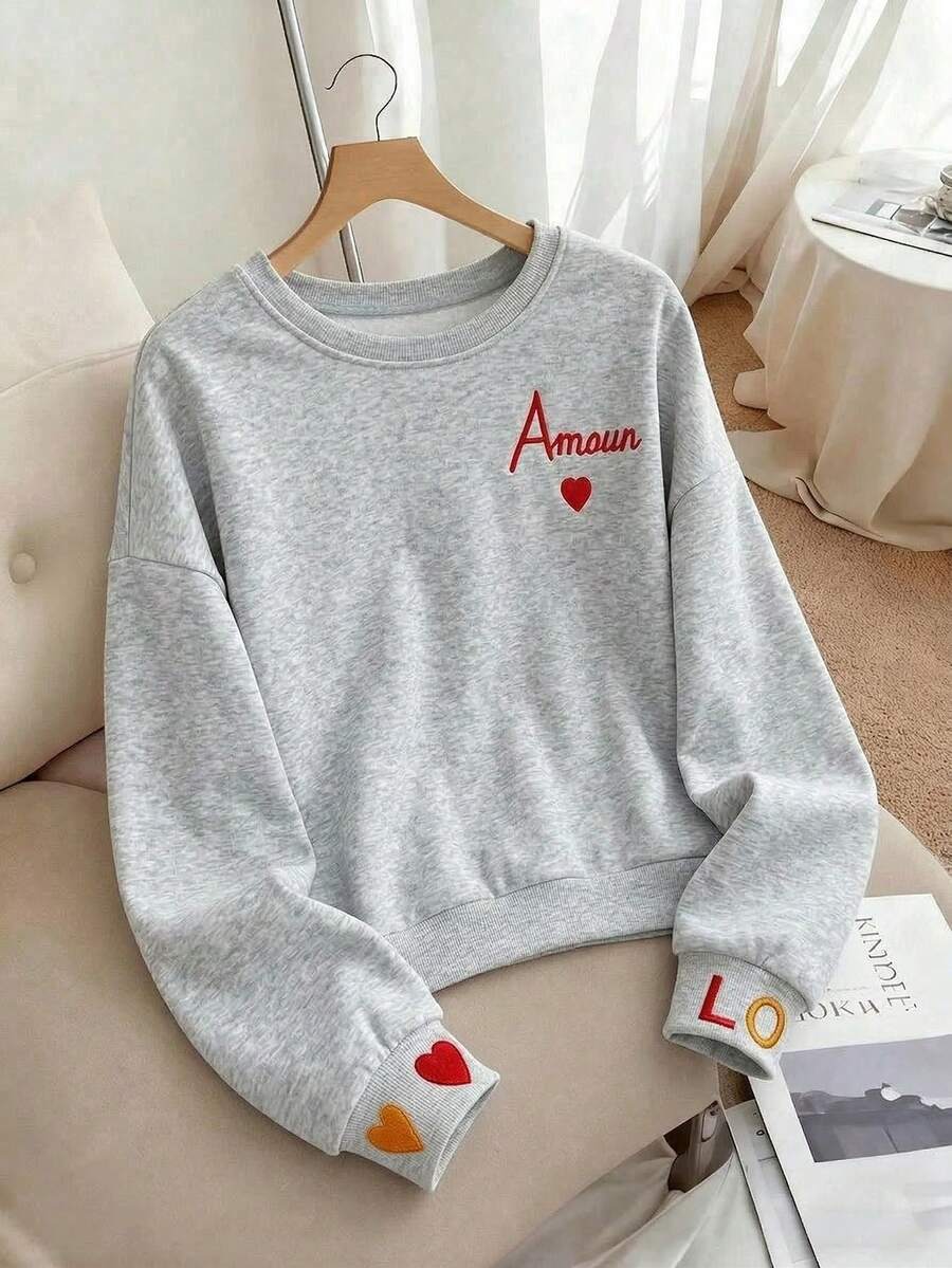 Resyla Áo nỉ nữ thời trang mùa xuân/hè cổ tròn thêu hình trái tim, áo nỉ ngày Valentine. - Xám - Xem 1