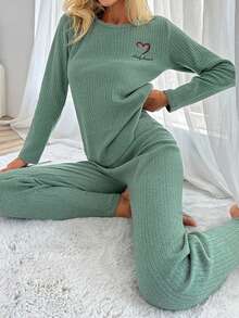 Loomlin 100%Cotton Letter Embroidery Ribbed Knit Lounge Set - Mint Green - View 5