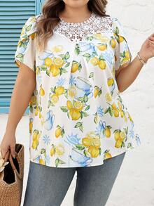 SHEIN CURVE+ 加大码 US22 音乐节、海滨度假、波西米亚风女士假日蕾丝花卉印花花瓣短袖衬衫 夏季/乡村/海滩度假/沙滩装、夏季上衣 - 白色 - 查看 7