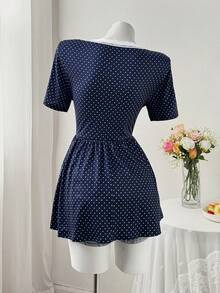 Sweetra 方领拼接纽扣波点腰部A字短袖针织优雅复古休闲可爱大码女式T恤 - 藍色 - 查看 2