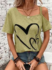 SHEIN LUNE Women's Off-Shoulder Grey T-Shirt With Heart Pattern, Suitable For Music Festivals,Summer Top - Olive Green - View 6