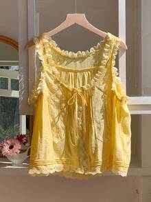 Comfortcana Áo kiểu không tay phối ren, màu vàng, chất liệu dệt, dáng rộng, thích hợp cho kỳ nghỉ xuân/hè. - Màu vàng - Xem 4