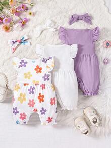 SHEIN 3件套女婴休闲可爱蝴蝶印花短袖连体衣和发带套装 - 紫色 - 查看 2