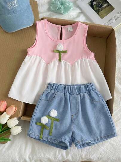 SHEIN Young Girls Cute Contrast Color Vest And Denim Shorts Set