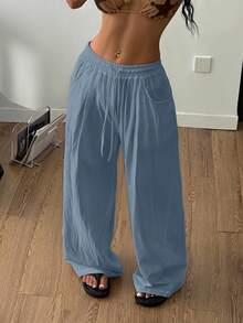 Coolane Trang phục mùa hè tối giản phong cách Boho cho nữ, quần ống rộng cạp thấp thoải mái bằng vải lanh, thích hợp cho kỳ nghỉ. - Màu xanh bụi bặm - Xem 5