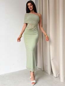 Aloruh Elegant Romantic Sexy Mesh Contrast Lace See-Through Waist One Shoulder Pleated Cold Shoulder Slim Fit Dress, Green Dress, Wedding Guest Dress, St. Patrick's Day Dress, Beach Holiday Dress - Green - View 7