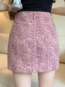 DAZY 女士休闲豹纹牛仔迷你裙，夏季 - 粉色 - 查看 2