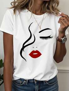 EMERY ROSE Camiseta de cuello redondo con hermoso estampado de rostro para mujer - Blanco - Ver 1