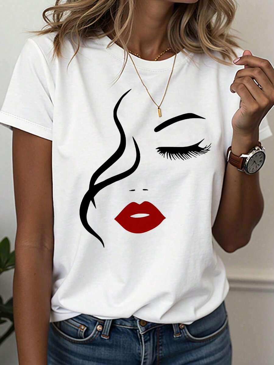 EMERY ROSE Camiseta de cuello redondo con hermoso estampado de rostro para mujer - Blanco - Ver 1