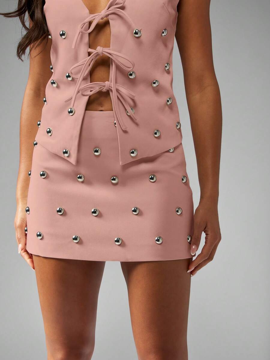 MISSGUIDED Studded Tailored Pink Mini Skirt For Party Club Wear - Baby Pink - View 1