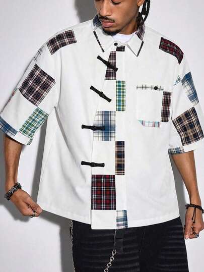 ROMWE MEN Street Life Men's Oblique Placket Chinese Style Button-Up Shirt