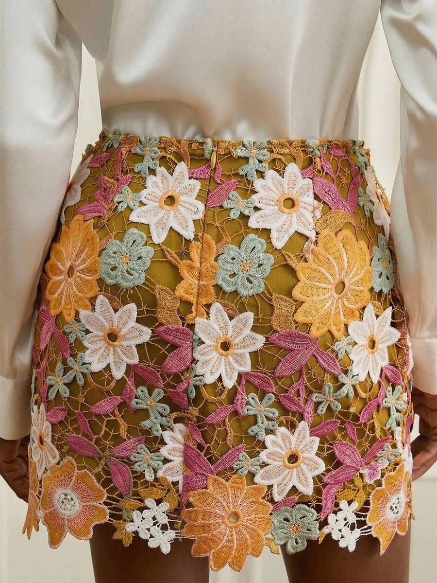 Aveloria Rosie 法国奢华重工撞色钩编镂空蕾丝花卉高腰女士蕾丝边短裙 - 橘色 - 查看 1