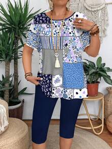 EMERY ROSE 夏季拼接印花圆领短袖T恤和打底裤两件套女式大码休闲套装 - 彩色 - 查看 3