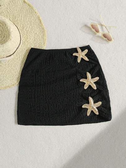 SHEIN 少女夏季海滩度假海星装饰迷你长袍和裙子套装