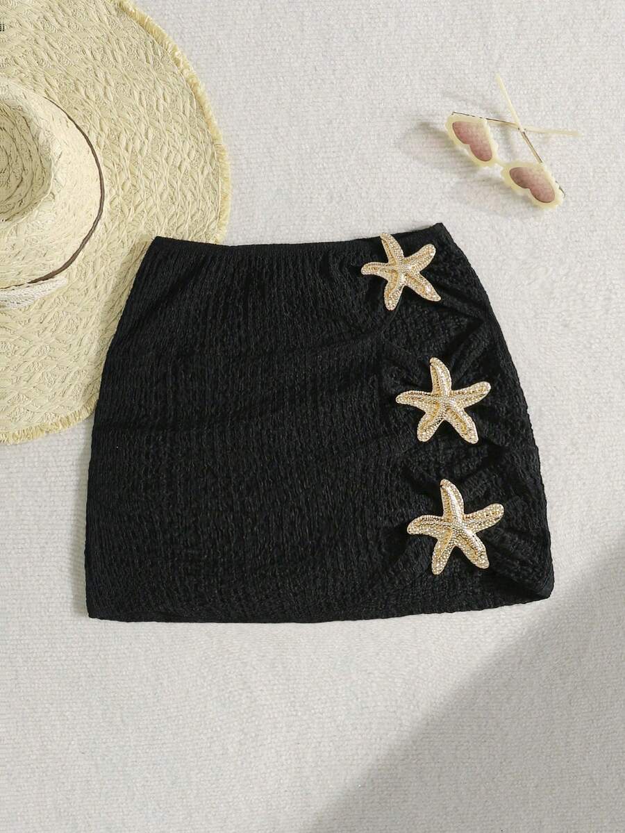 SHEIN 少女夏季海滩度假海星装饰迷你长袍和裙子套装 - 黑色 - 查看 1