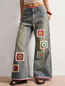 Bohemela Quần ống rộng dáng suông phong cách Boho mùa Đông/Xuân dành cho nữ, kiểu dáng vintage thường ngày, thời trang đường phố, phong cách nghỉ mát Boho, chất liệu móc len phối nhiều mảnh, kiểu miền Tây hoang dã, thích hợp cho các buổi hòa nhạc, tiệc tùng, đi biển, mặc hàng ngày, đi học, đi chơi, năm mới, Lễ tình nhân, kỳ nghỉ hè những năm 2000/Y2K, đi biển. - Màu xanh lam - Xem 6