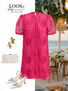 Ellevyn Đầm ren chữ A thanh lịch, tôn dáng mọi vóc dáng, đầm dự tiệc Valentine, đầm đỏ sang trọng, thanh lịch - Màu Hồng Tươi - Xem 2