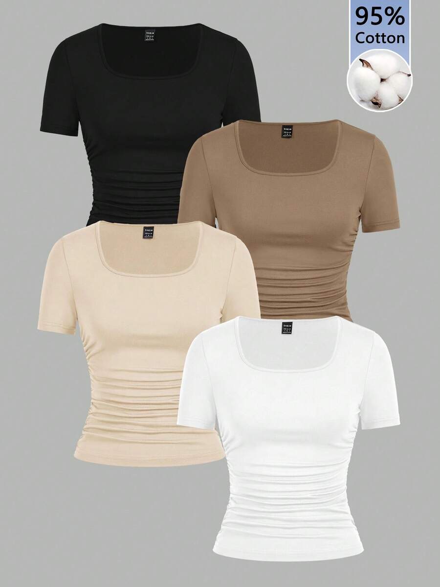 SHEIN EZwear 4件装95%纯棉休闲纯色圆领短袖T恤，适合春夏穿着、外出、海滩度假、居家穿着，时尚百搭。 - 彩色 - 查看 1