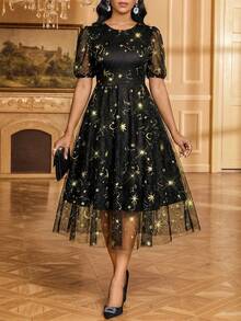 SHEIN Lady Fashionable Party Gold Foil Embroidered Black Mesh Dress - Black - View 3
