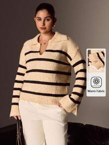 Juhart 大码女式拼色条纹高领长袖休闲套头衫，冬季 - 彩色 - 查看 9