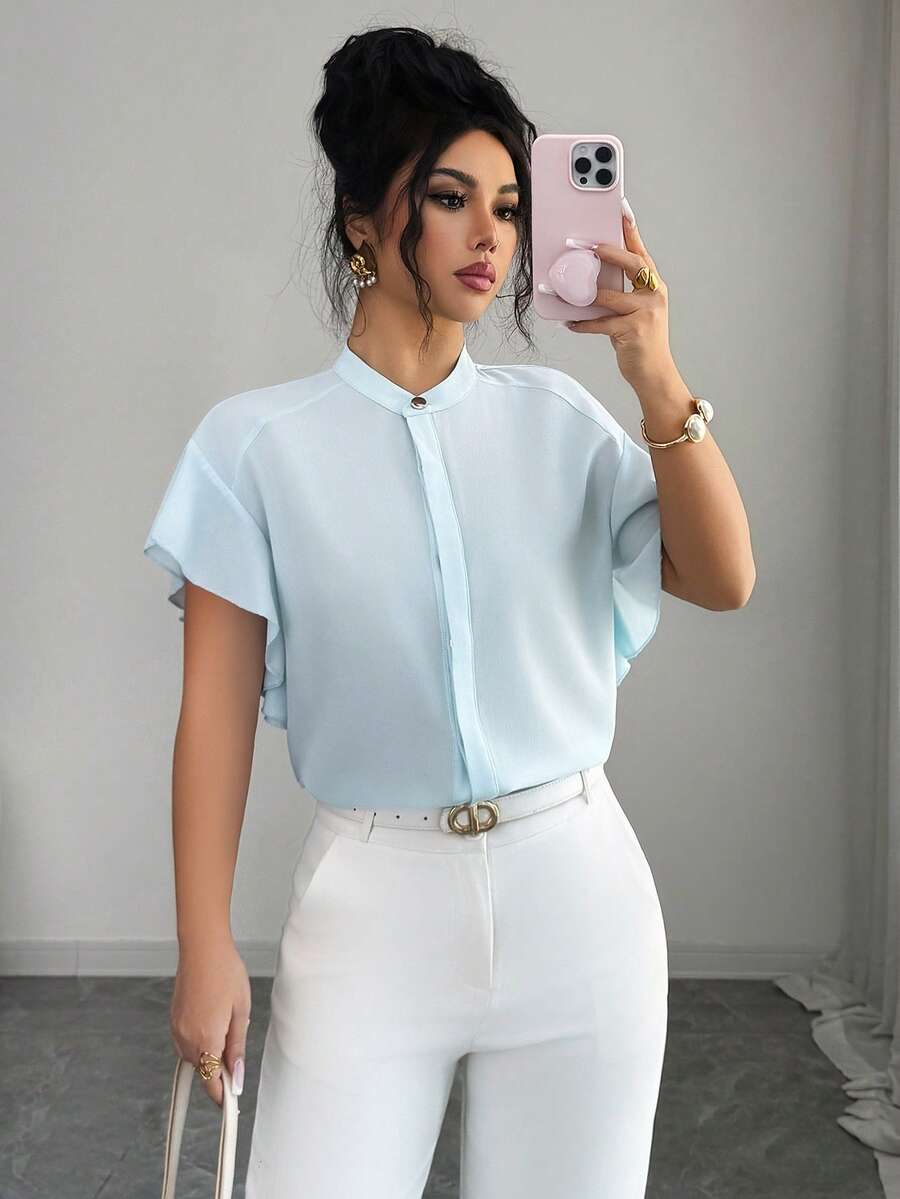 SHEIN Elenzya Fashionable Ruffle Sleeve Open Front Elegant French Style Round Neck Blouse For Women - Baby Blue - View 1