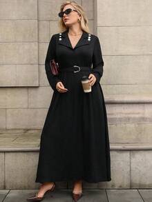 Juhart 大码女式纯色纹理 V 领金属纽扣装饰腰带喇叭形长裙，复古优雅休闲百搭，秋冬 - 黑色 - 查看 4