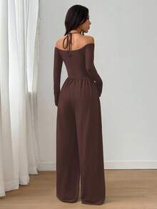 Flirla Women's Solid Color Off-Shoulder Long Sleeve Ruched Wide Leg Jumpsuit With Neck Tie - Coffee Brown - View 2