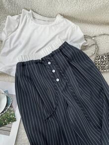 Elamini Women's Tie Waist Button Design Striped Casual Pants - Grey - View 5