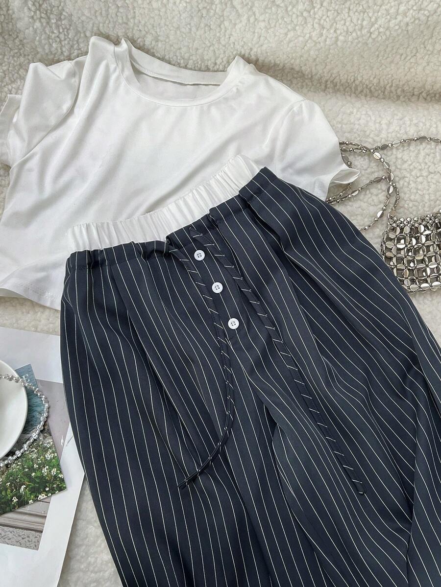 Elamini Women's Tie Waist Button Design Striped Casual Pants - Grey - View 1