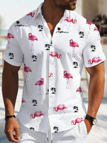 Manfinity Homme 男士夏威夷火烈鸟印花衬衫，休闲夏季度假衬衫，百搭适合所有人，男士休闲衬衫，送给男友、丈夫、家人的绝佳礼物，适合日常海滩穿着 - 彩色 - 查看 3