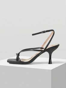 Mnmlis 女士方头绑带时尚高跟凉鞋 - 黑色 - 查看 1