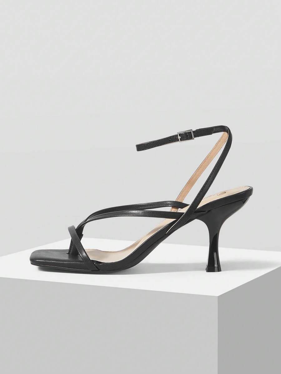 Mnmlis 女士方头绑带时尚高跟凉鞋 - 黑色 - 查看 1