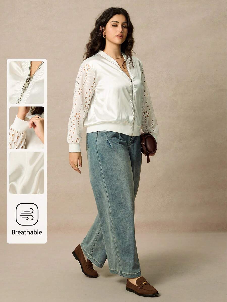 Juhart Áo khoác nữ tay dài dệt kim gân thường ngày cỡ lớn màu trắng, mùa xuân/thu - trắng - Xem 1