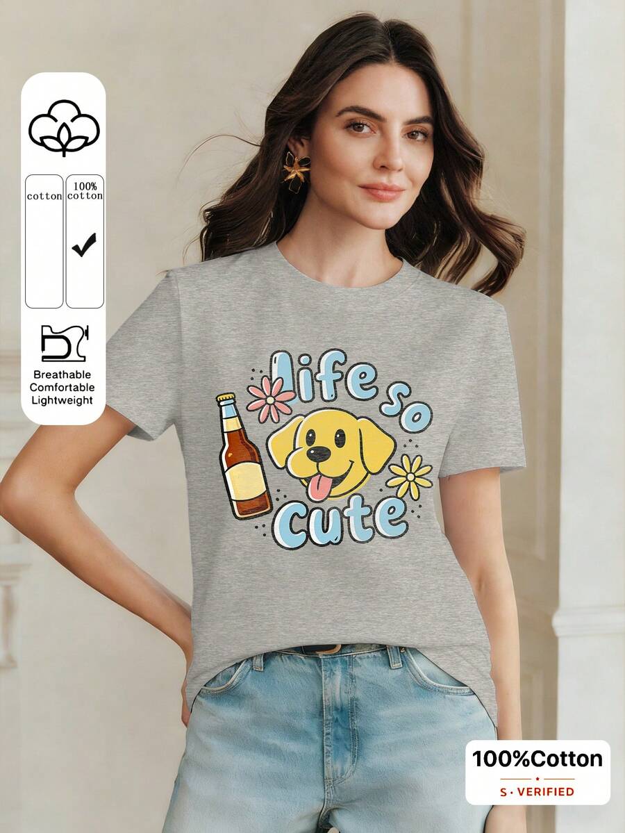 Elaire Women's Summer Fashion Vacation Beach Festival Casual Versatile Black Short Sleeve Carnival Pattern T-Shirt - Grey - View 1