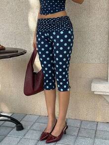 SHEIN EZwear 女士蓝色波点侧开衩修身休闲七分裤，度假风，休闲装 - 彩色 - 查看 6