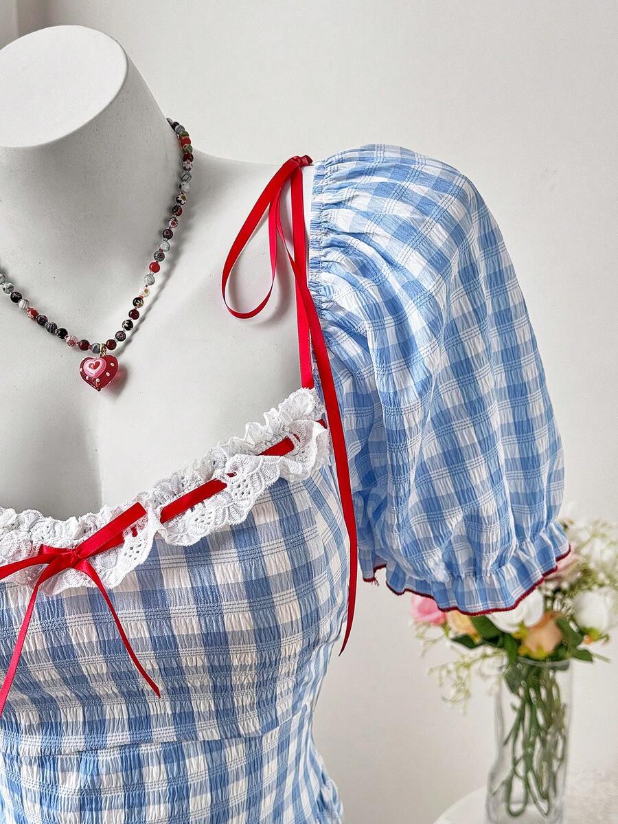 Sweetra Plus Size Summer Countryside Style Waist Cinching Sweet Floral Patchwork Square Neck Bow Tie Short Sleeve Dress - Blue and White - View 1