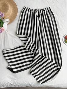 SHEIN EZwear 大码女式条纹抽绳腰休闲百搭阔腿裤，适合日常穿着 - 黑與白 - 查看 5
