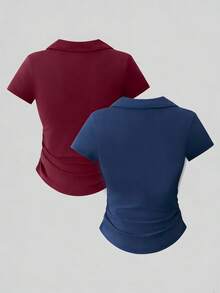 2pcs/Set Elegant & Casual All-Match Solid Color Long Sleeve Fitted T-Shirts, Versatile Combo For Teenage Girls - Multicolor - View 2