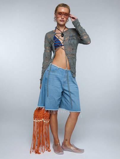 COUREZ Distressed Low Rise Mid Length Jorts In Mid Light Blue Wash /Y2K Summer Outfits For Women Spring Outfits For Women Summer Clothes Shorts For Women Jean Shorts Denim Shorts Going Out Outfits Beach Outfits For Women