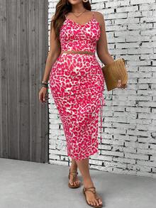 SHEIN VCAY Plus Size Leopard Print Camisole And Slit Skirt 2 Pieces Set - Hot Pink - View 3