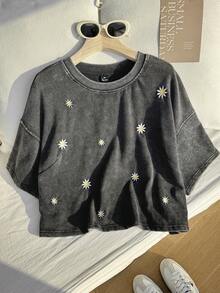 Comfortcana Camiseta de algodón de manga corta talla grande, diseño de copos de nieve lavados, primavera - Negro - Ver 6