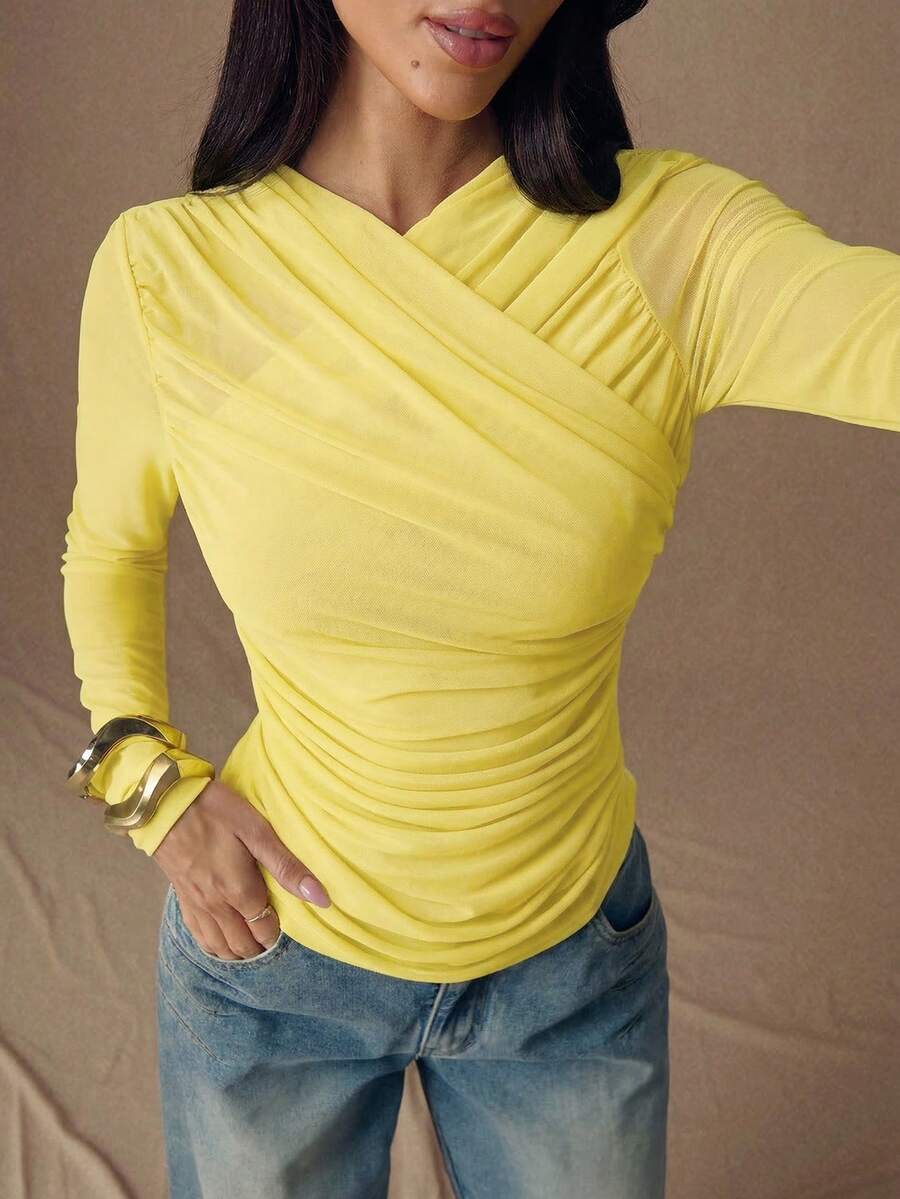 SHEIN BAE Women's Solid Color Pleated Long Sleeve Fitted Fashion T-Shirt - Yellow - View 1
