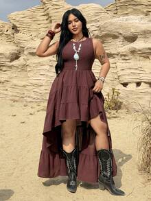 Rustia Damen Große Größen Ärmellose Lässig Tank Top mit einfarbigem Stoff und asymmetrischem Saum, vielseitig und elegant für den täglichen Gebrauch - Braun - Übersicht 3