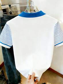 Resyla 女士骑士印花拼接条纹短袖休闲T恤，夏季Polo衫 - 彩色 - 查看 2